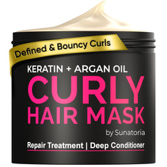 SUNATORIA Masque Cheveux Boucles - Bouteille argan et kératine pour hydratation en profondeur.