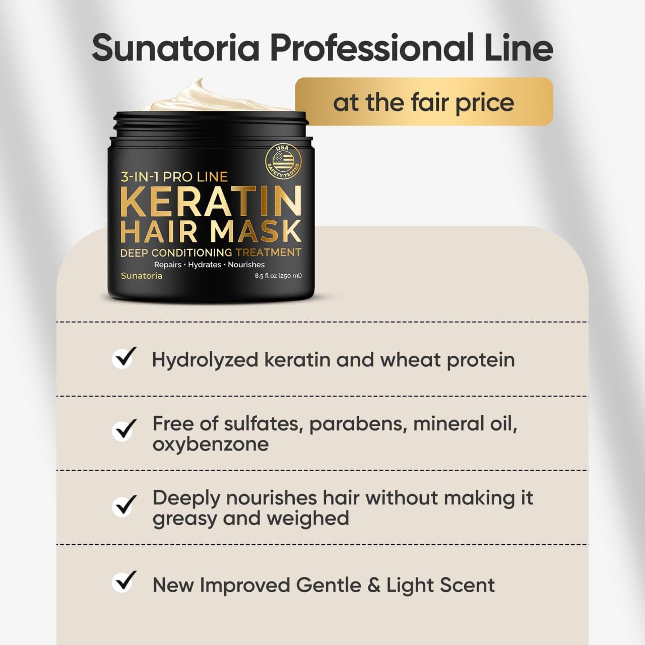 SUNATORIA Masque Kératine, cheveux après soin affichant brillance.