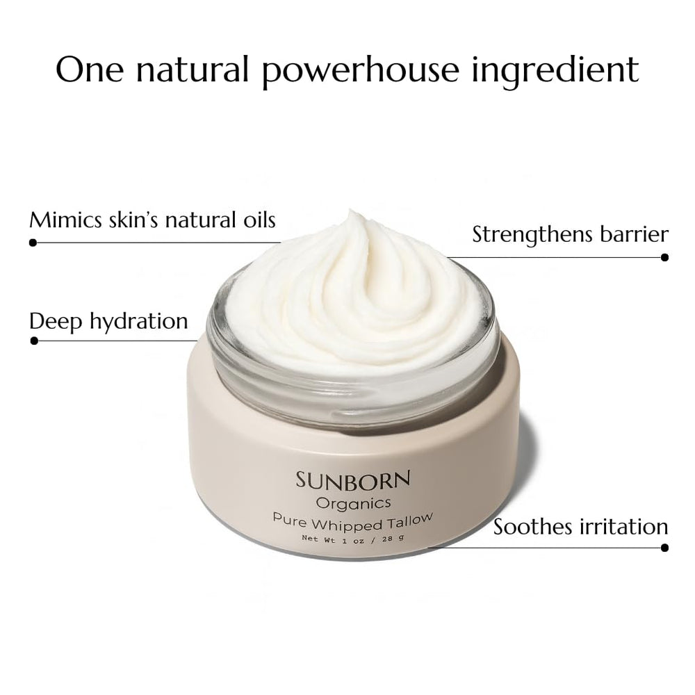 Sunborn Organics Pure Whipped Tallow Balm application douce sur la peau du visage.