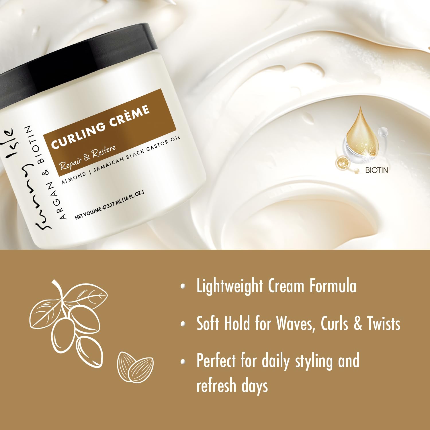 Sunny Isle crème coiffage contrôle frisottis argan biotine: boucles nettes.