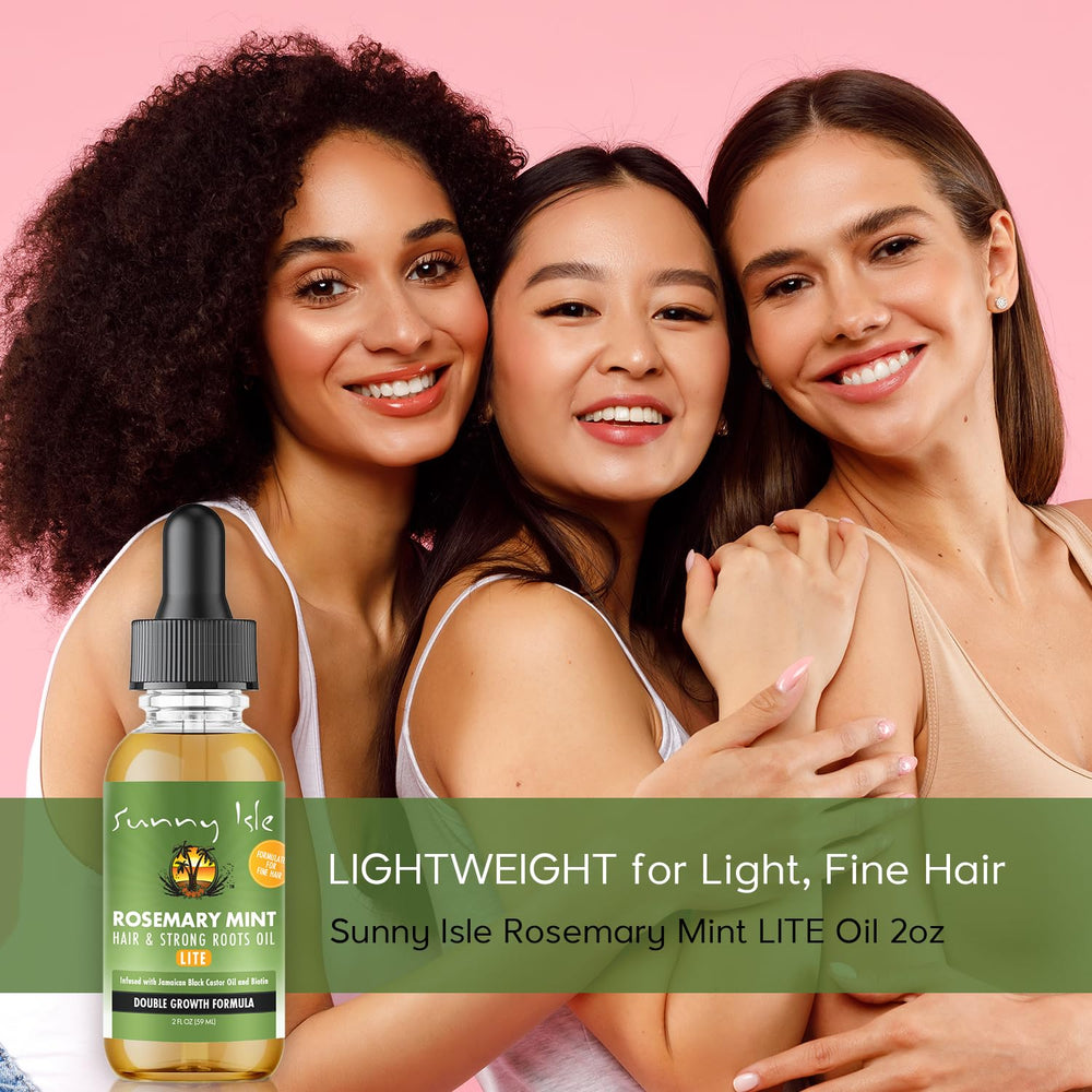 Sunny Isle huile cheveux romarin menthe lite — application sur cuir chevelu pour hydratation.