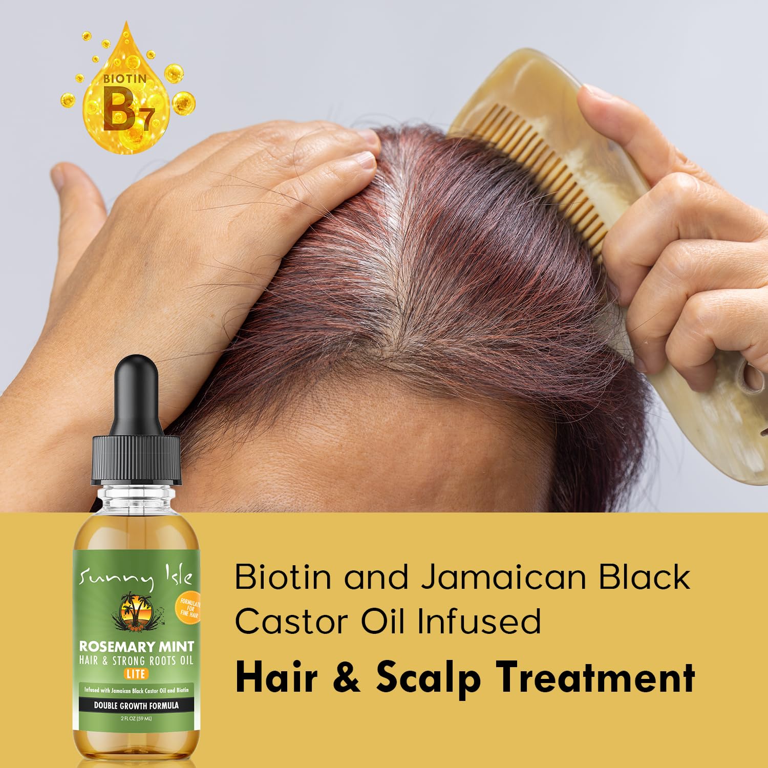 Sunny Isle huile cheveux romarin menthe lite — massage du cuir chevelu pour douceur.