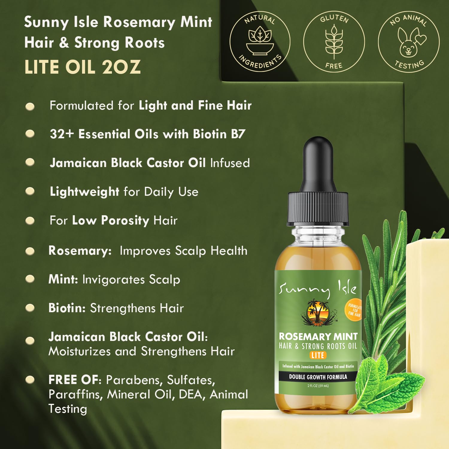 Sunny Isle huile cheveux romarin menthe lite — texture légère qui glisse sur les longueurs.