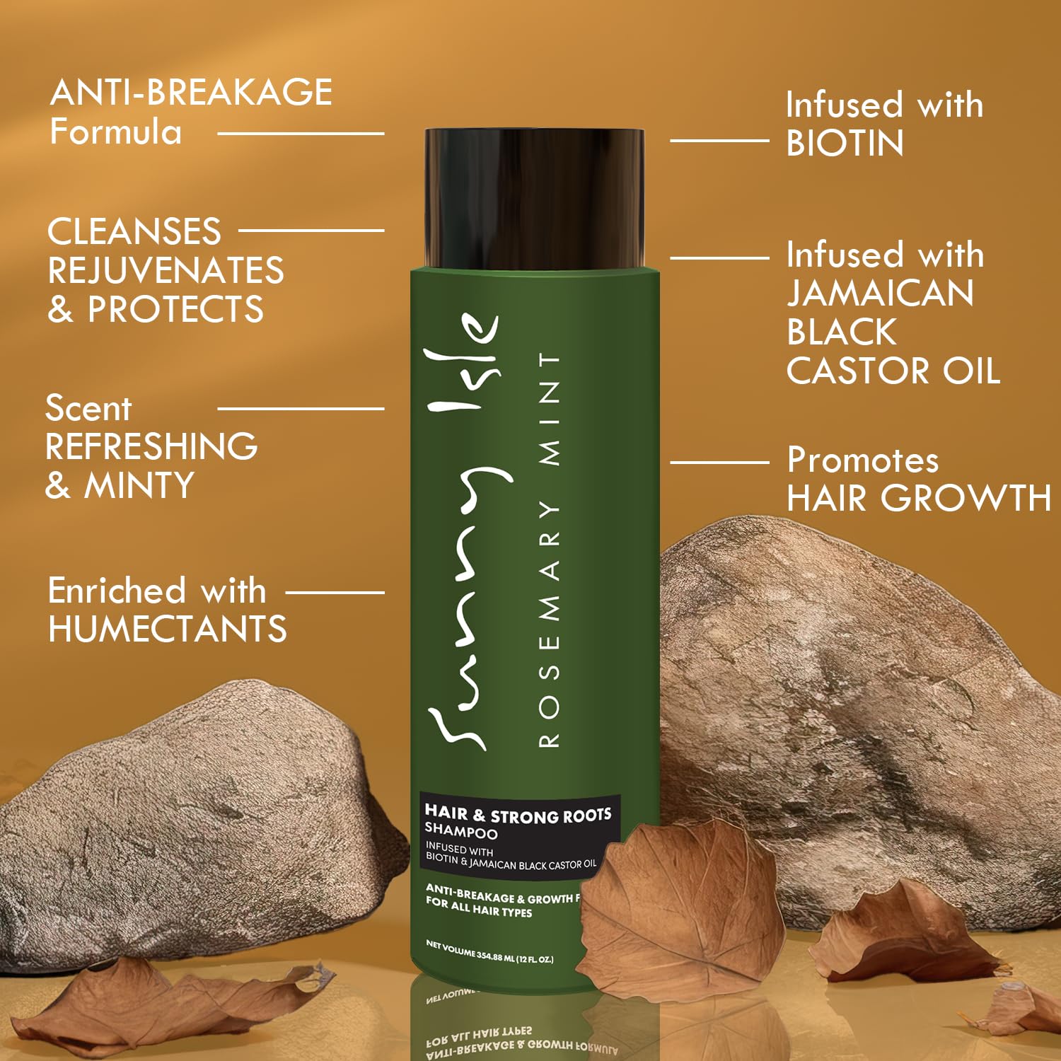 Sunny Isle shampoing romarin menthe : flacon sans sulfates reflète une formule douce pour cheveux colorés.