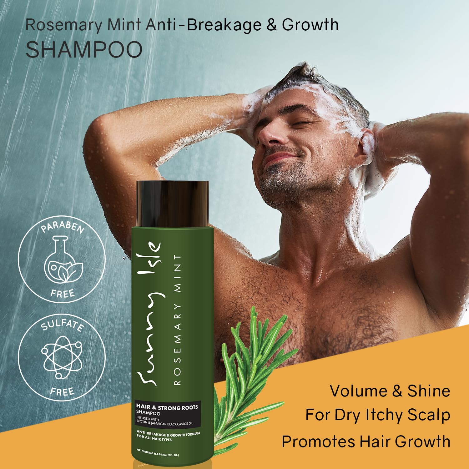 Sunny Isle shampoing romarin menthe : flacon montre l'huile de ricin noire jamaïcaine.