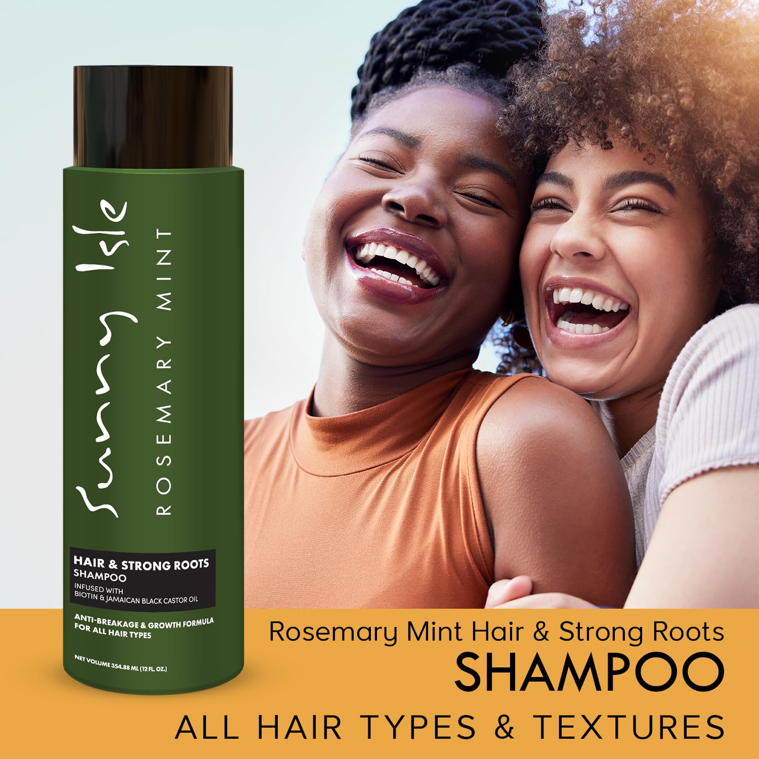Sunny Isle shampoing romarin menthe : emballage clair et pratique pour une routine rapide.