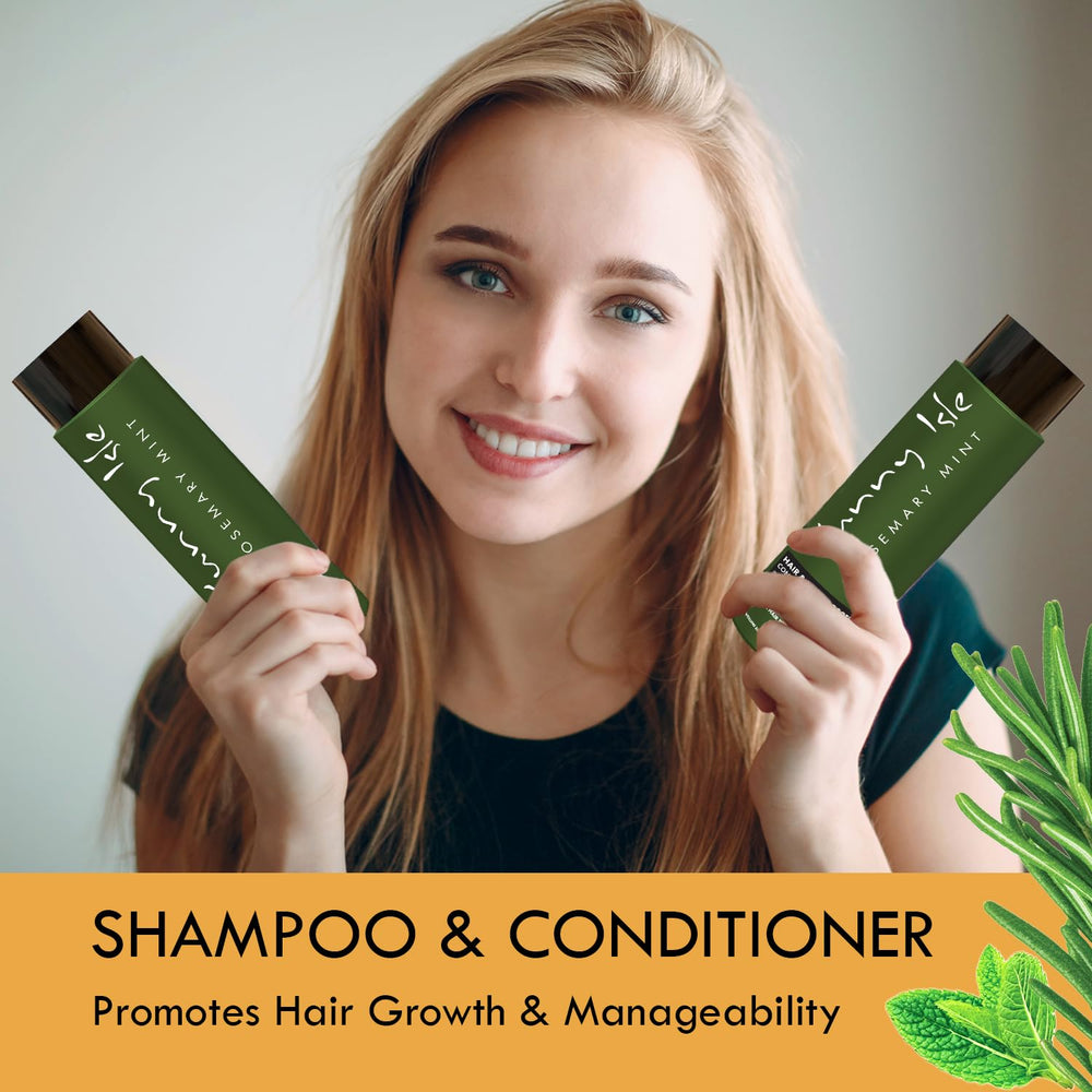 Sunny Isle shampoing romarin menthe : bouteille met en avant le renforcement des racines.