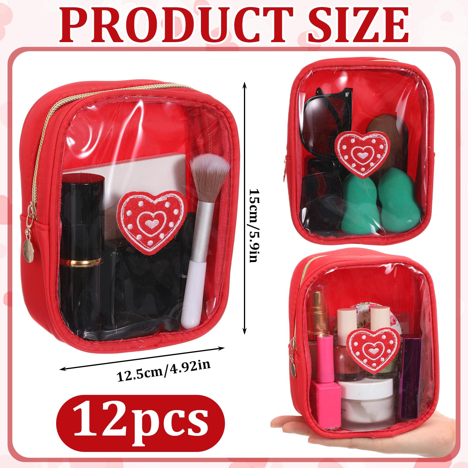 Pochette Sunnymove avec cœur chenille transparente rouge pour rangement clair.