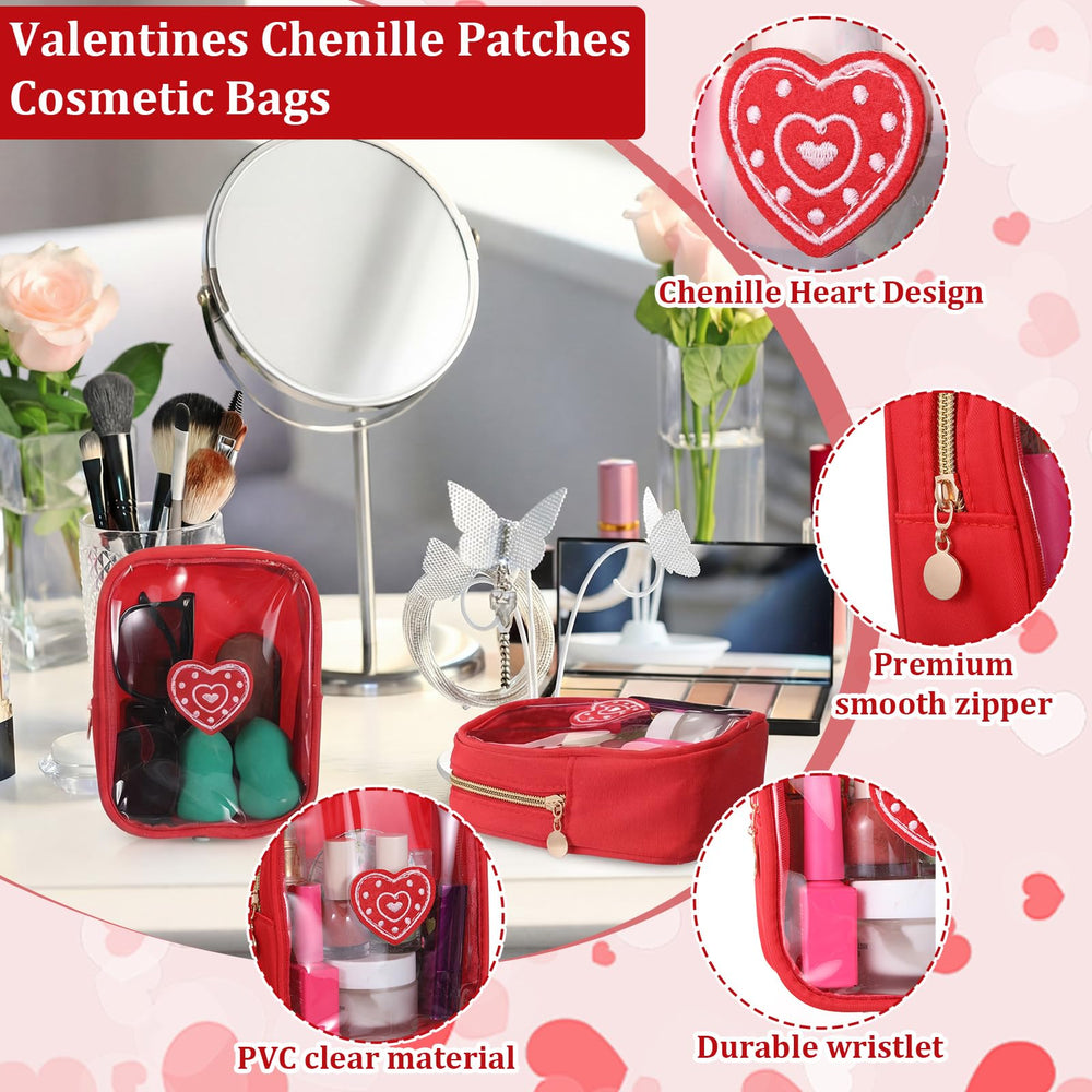 Pochette Sunnymove transparente rouge avec patch cœur en chenille pour un style festif.