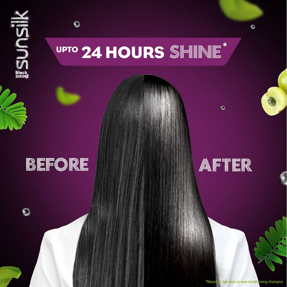Sunsilk Stunning Black Shine Shampoo — cheveux brillants après rinçage et hydratation légère.