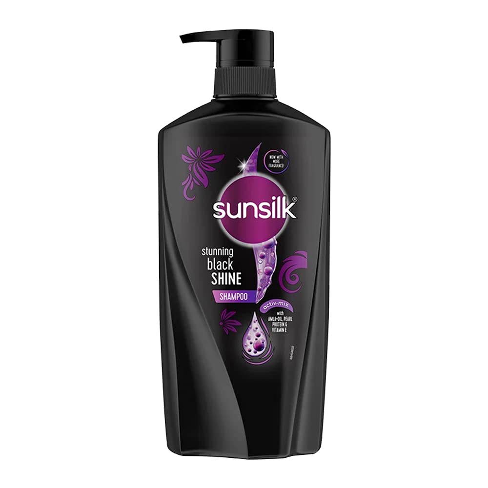 Sunsilk Stunning Black Shine Shampoo — bouteille affichant l'éclat et la brillance durable.