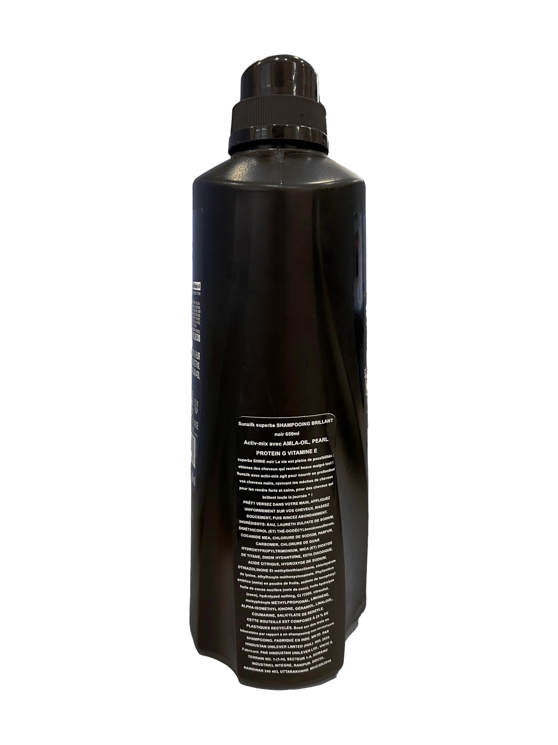 Sunsilk Stunning Black Shine Shampoo — étiquette mettant en évidence le Complexe Amla Pearl.