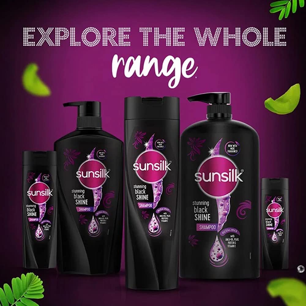 Sunsilk Stunning Black Shine Shampoo — reflets noirs intensifiés et éclat durable.
