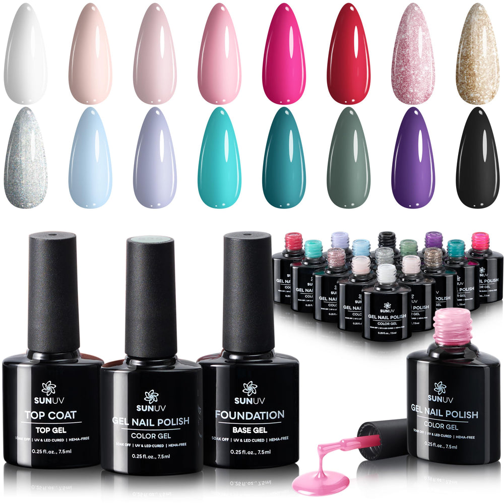 SUNUV kit 16 couleurs vernis gel, palette variée pour ongles créatifs à domicile.