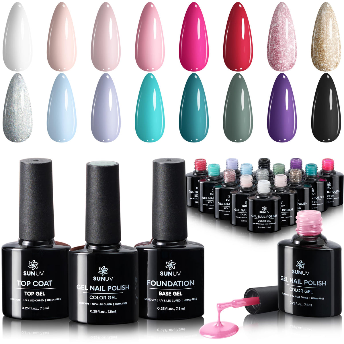 SUNUV kit 16 couleurs vernis gel, palette variée pour ongles créatifs à domicile.