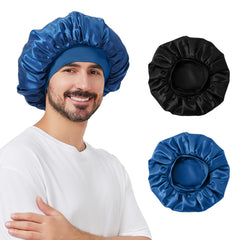 Bonnet Supaze en satin nuit avec bande élastique noir et bleu, reste en place toute la nuit.