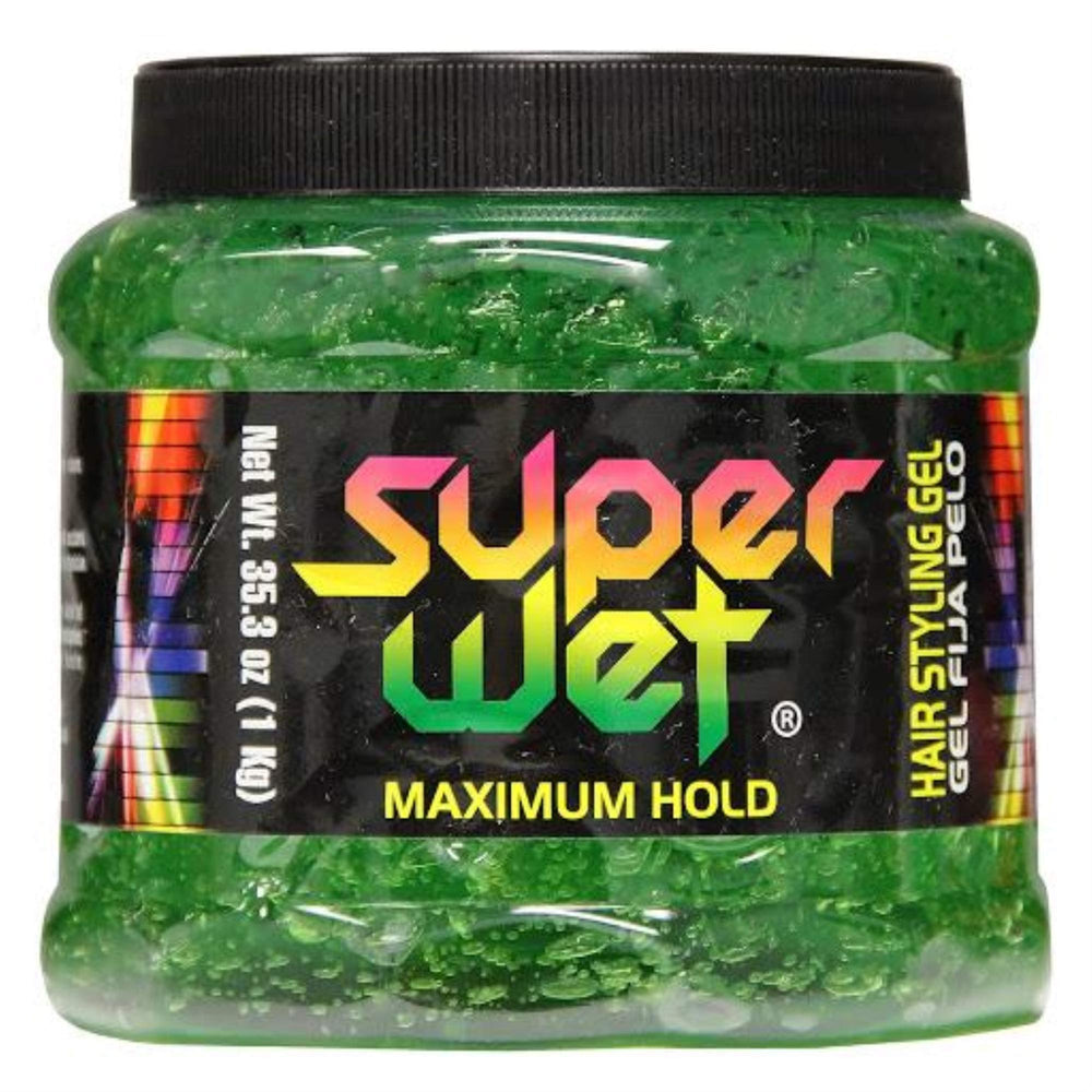 Super Wet Gel Vert, bouteille, tenue durable et brillance naturelle.