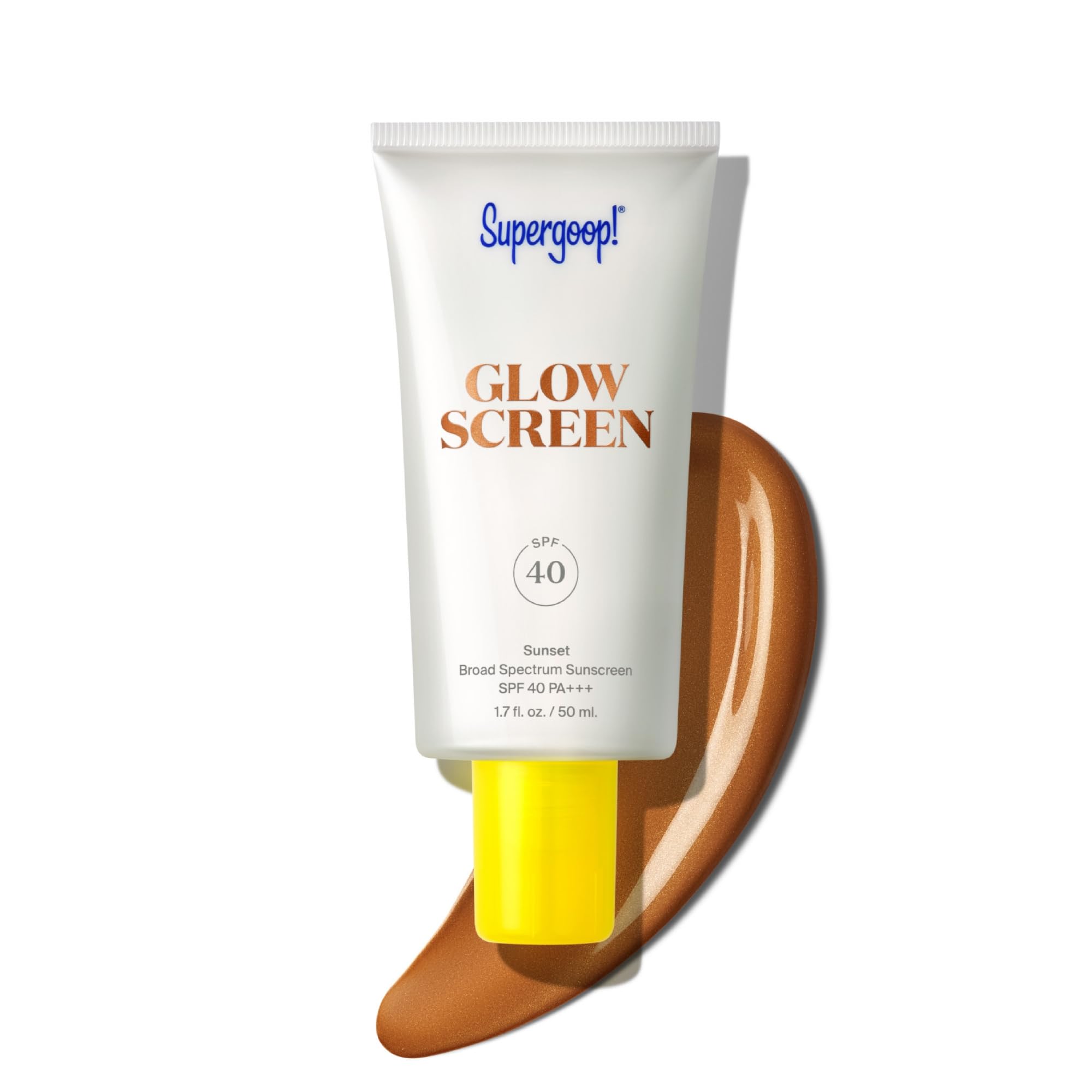 Glowscreen Sunset de Supergoop, texture ombre-bronze pour un éclat naturel.