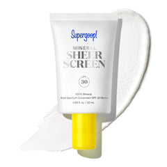 Supergoop! Mineral Sheerscreen bottle close-up shows weightless protection and a satin finish.