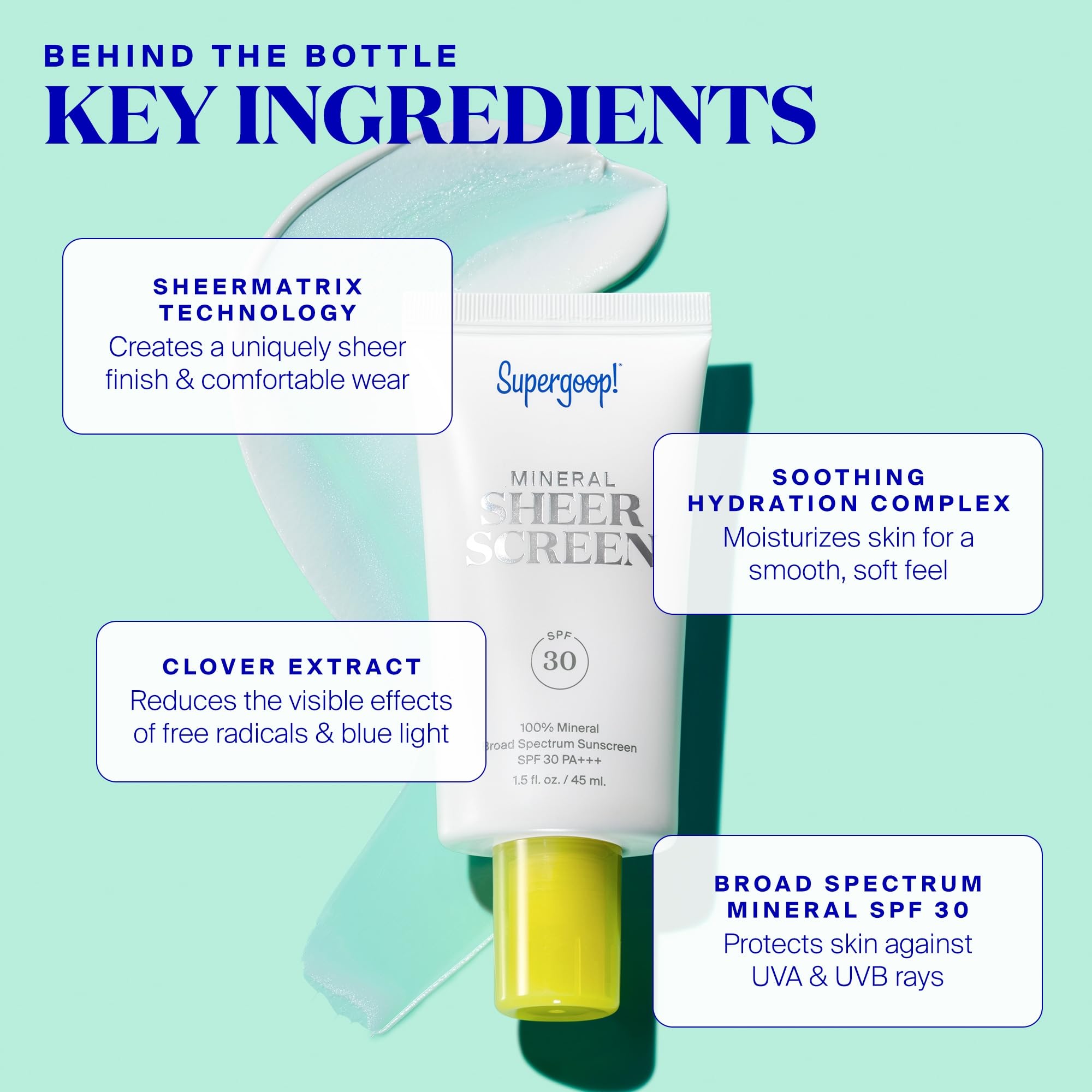 Supergoop! Mineral Sheerscreen Aloe and Bush Clover ingredients provide moisture.