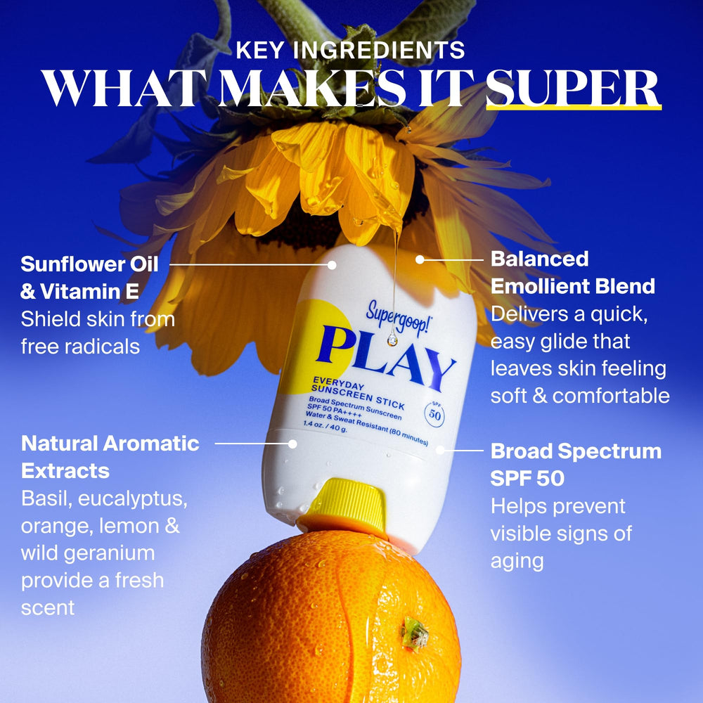 Supergoop PLAY Baton résistant à l'eau et à la sueur pour les activités.