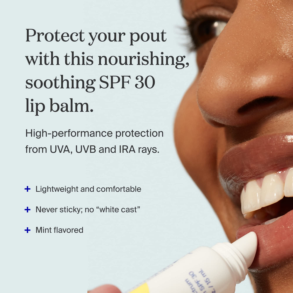 Supergoop! Play Lip Balm SPF 30 mint swatch demonstrates smooth glide for daily use.