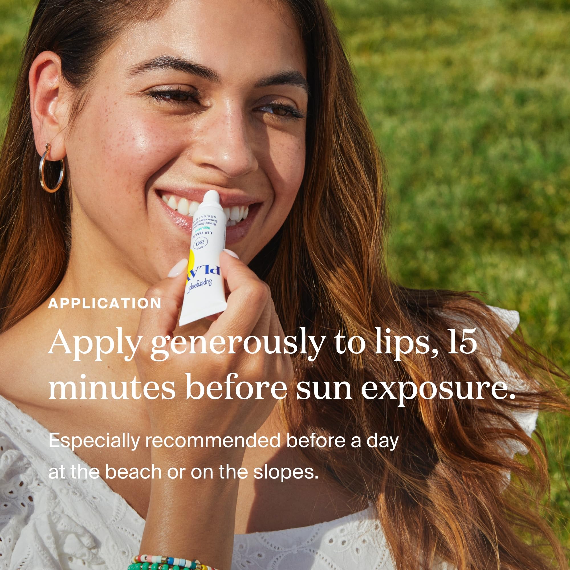 Supergoop! Play Lip Balm SPF 30 sunflower oil emphasis moisturizing lips.