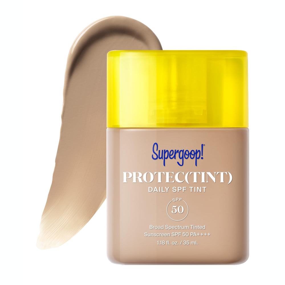 Supergoop Protec(tint) - Bouteille ouverte, texture légère et protection SPF 50 au quotidien.