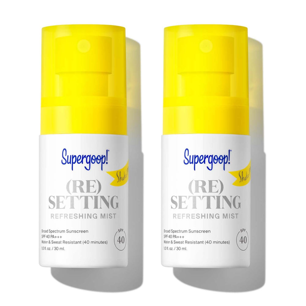 Supergoop Re-setting Refreshing Mist — bouteille prête à secouer pour réactiver maquillage et protection.
