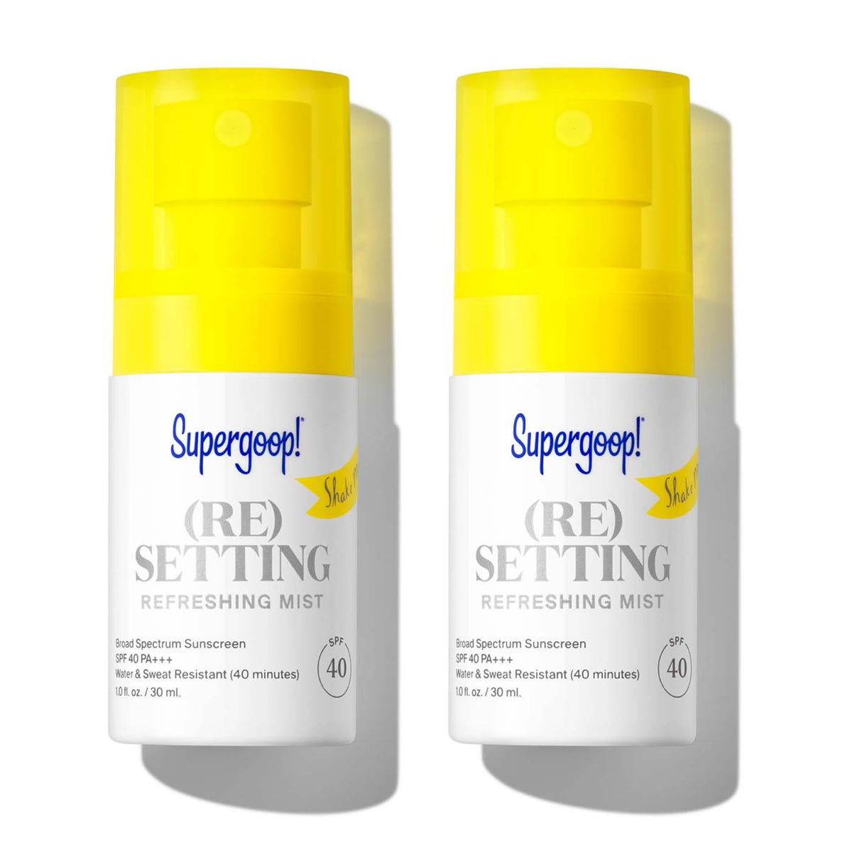 Supergoop Re-setting Refreshing Mist — bouteille prête à secouer pour réactiver maquillage et protection.