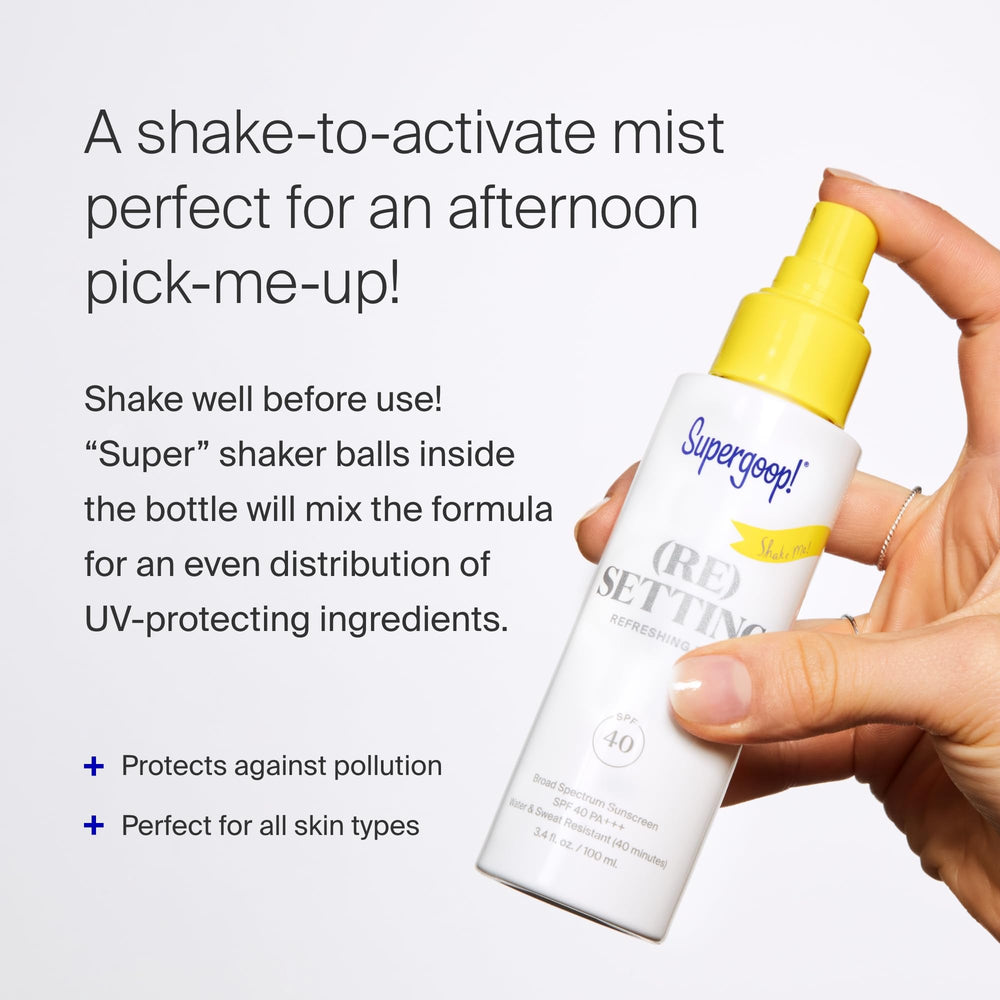 Supergoop Re-setting Refreshing Mist — flacon SPF 40 PA+++ pour retouches maquillage.