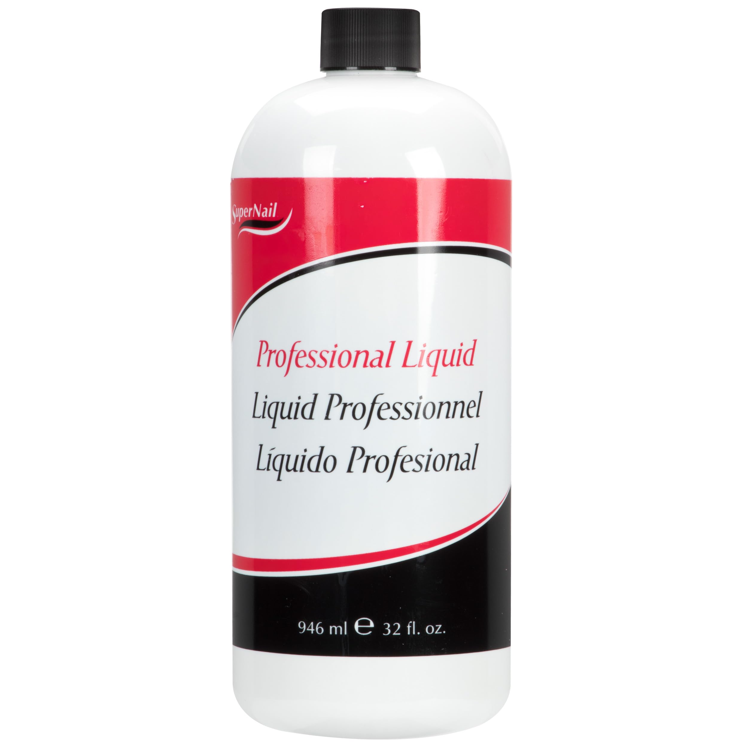 Liquide acrylique SuperNail dans sa bouteille prête à l’emploi, focalisation sur la marque.