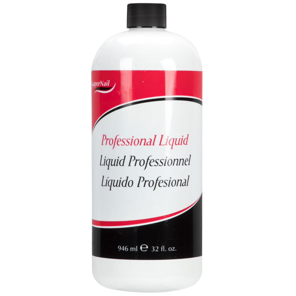 Liquide acrylique SuperNail dans sa bouteille prête à l’emploi, focalisation sur la marque.