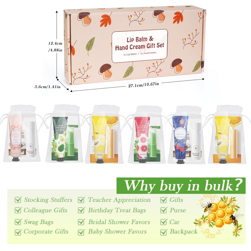 Coffret prêt à offrir avec 6 baumes, 6 crèmes et 6 sacs organza.