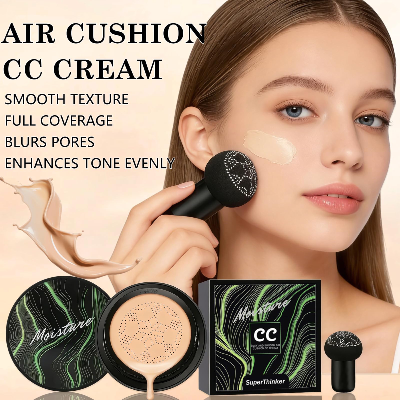 Éponge-mousse du cushion SuperThinker prête à l’emploi pour un rendu uniforme.