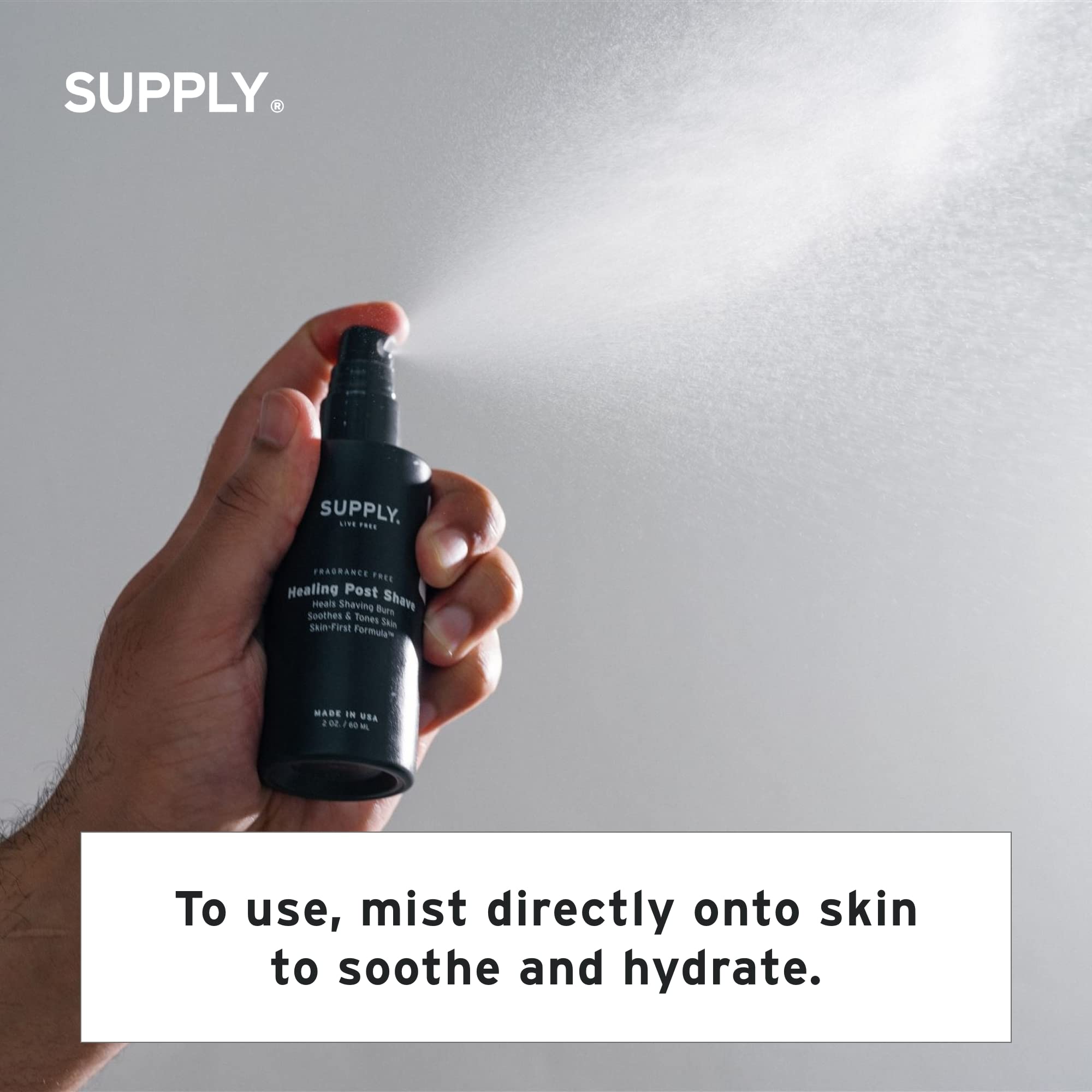 SUPPLY après-rasage brume rafraîchissante, apaise après rasage et réduit irritations.