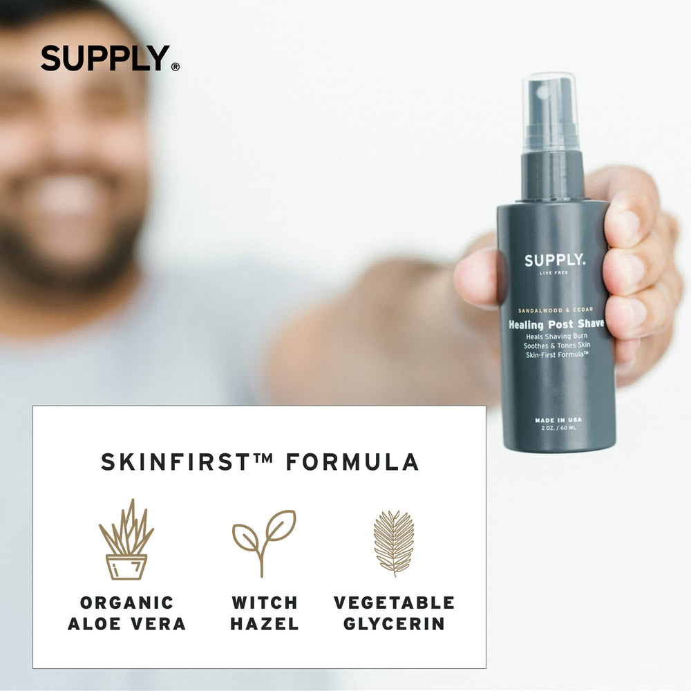 SUPPLY Healing Post Shave ingrédients aloe hamamélis, formule douce.