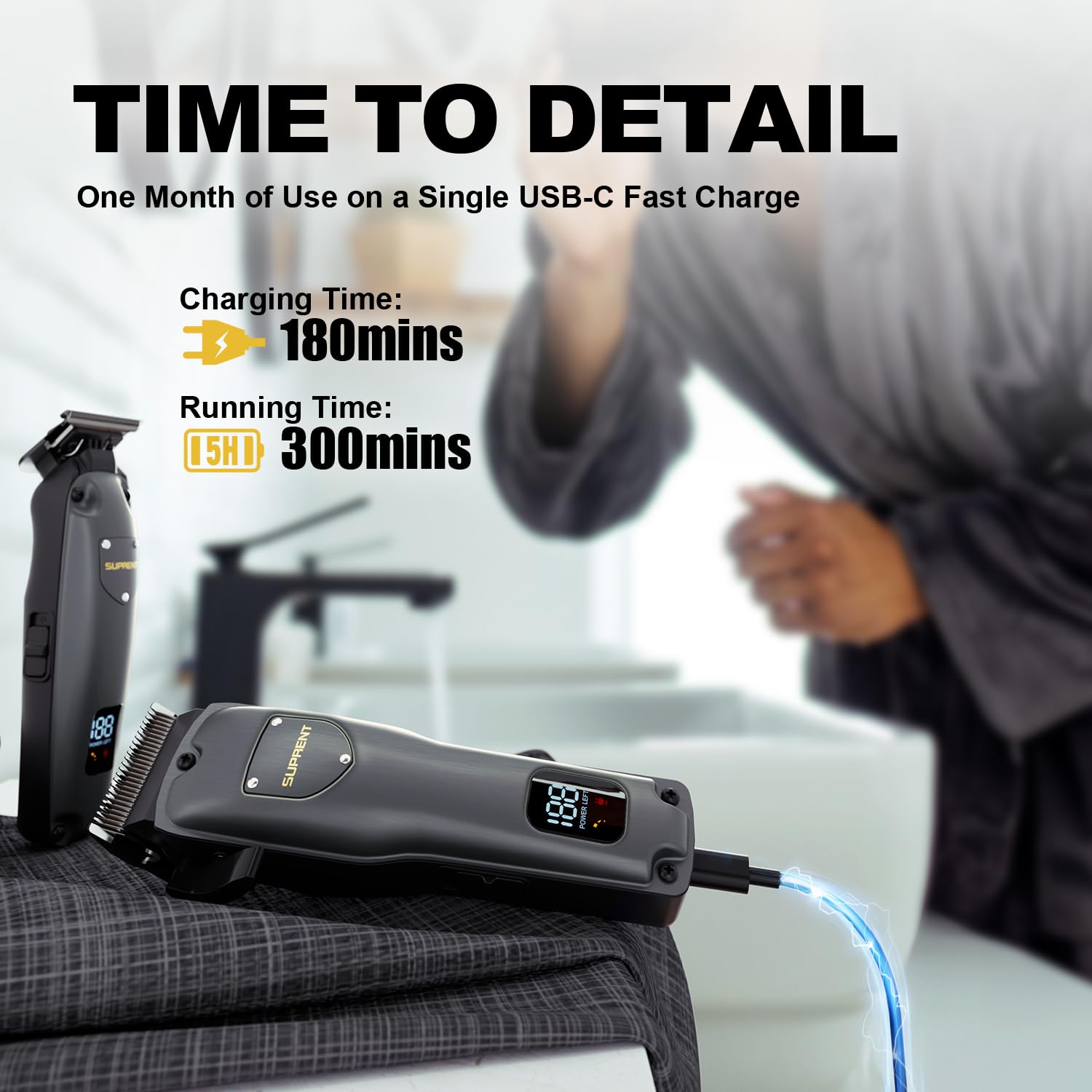 SUPRENT tondeuse cheveux USB-C recharge rapide pour usage nomade et précis.