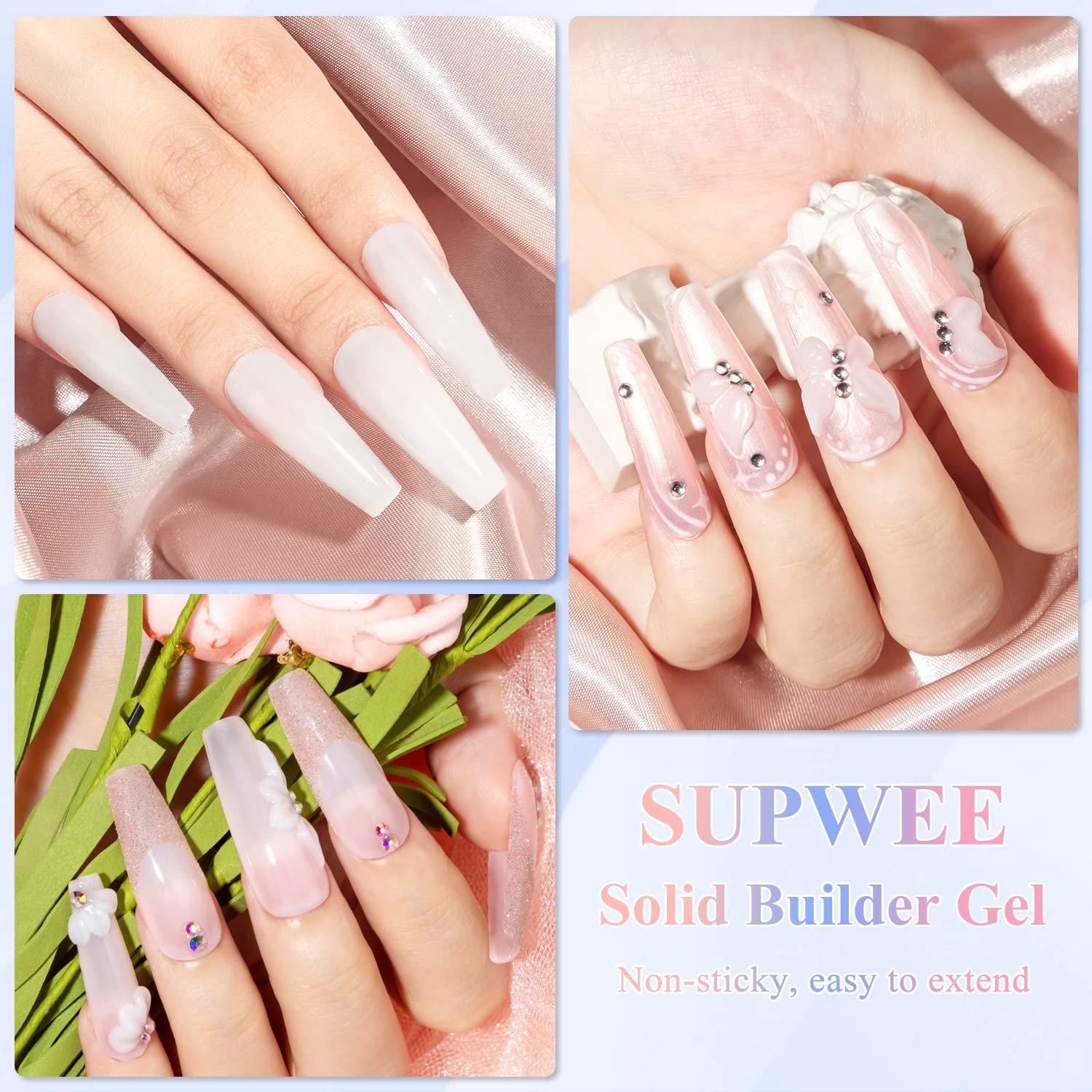 Gel SUPWEE avec poudre chrome et décorations pour des détails brillants.