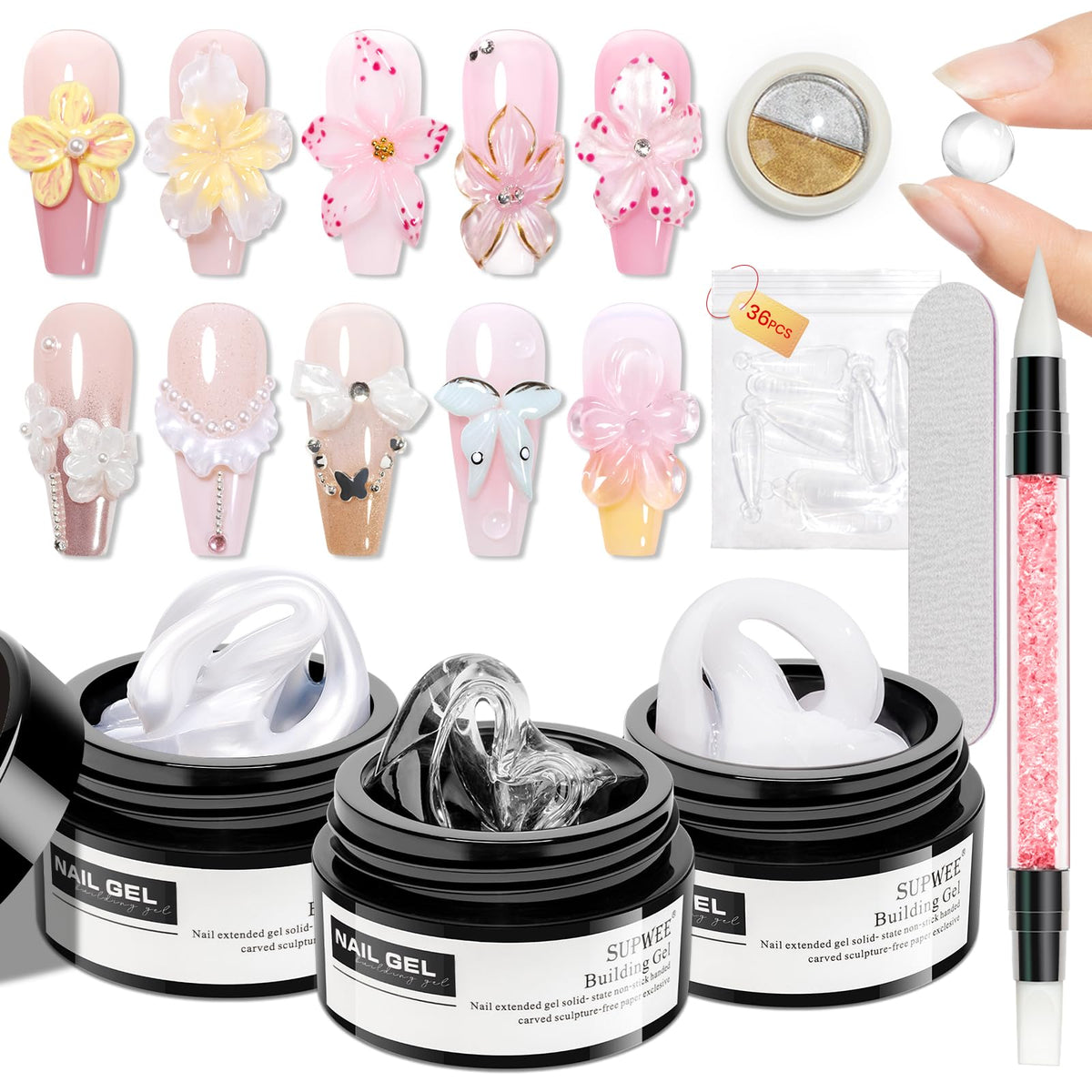 Gel sculptant SUPWEE en extension clair pour une silhouette naturelle des ongles.