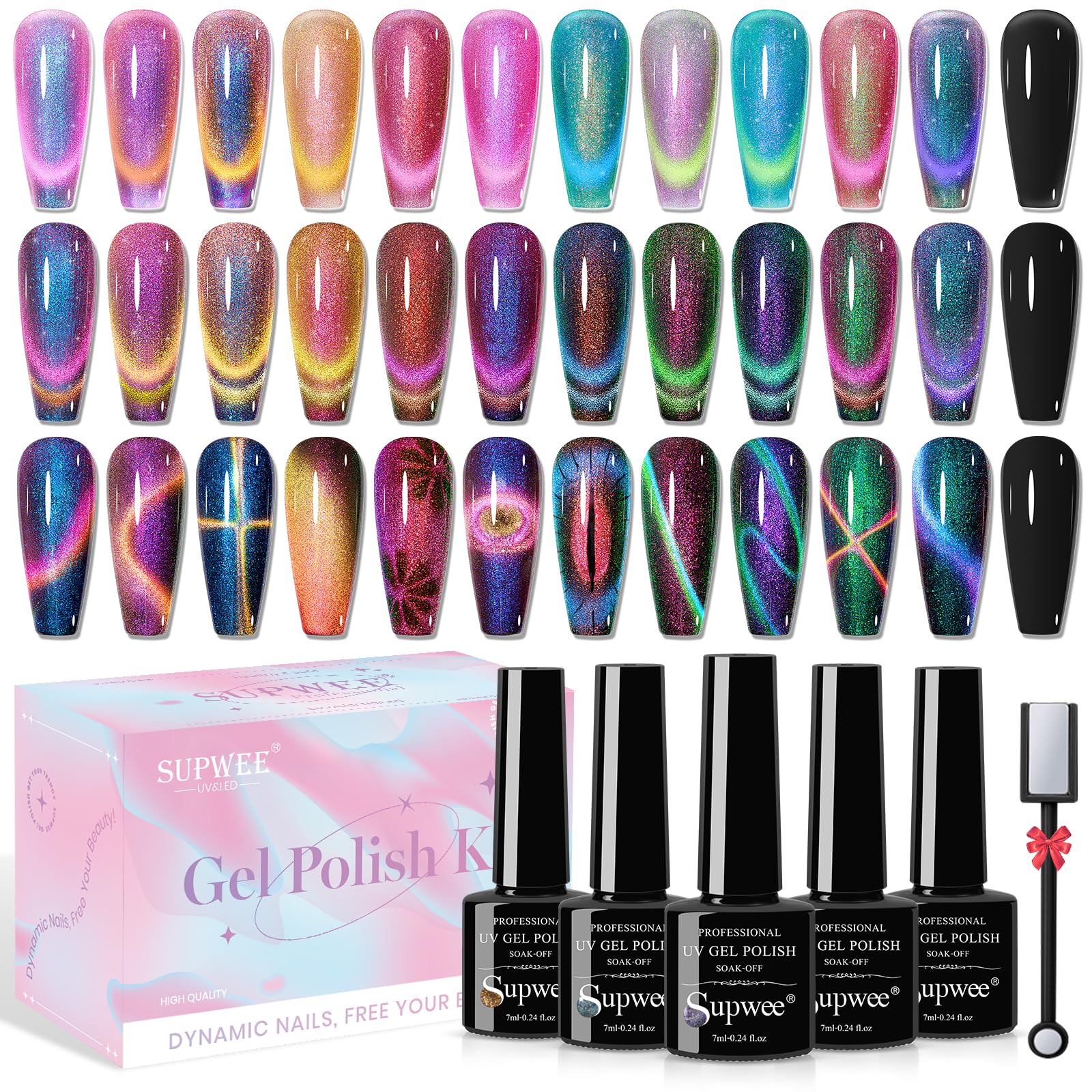 SUPWEE Gel oeil-de-chat : bouteille et aimant pour créer des effets variables sur vos ongles.