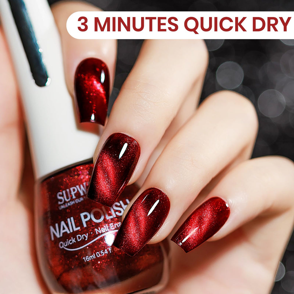 SUPWEE vernis Cat Eye rouge appliqué en 2 à 3 couches pour intensité.