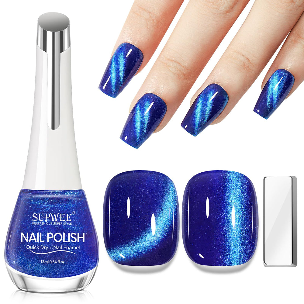 Vernis cat-eye bleu SUPWEE en bouteille 16 ml, éclat profond et effet magnétique.
