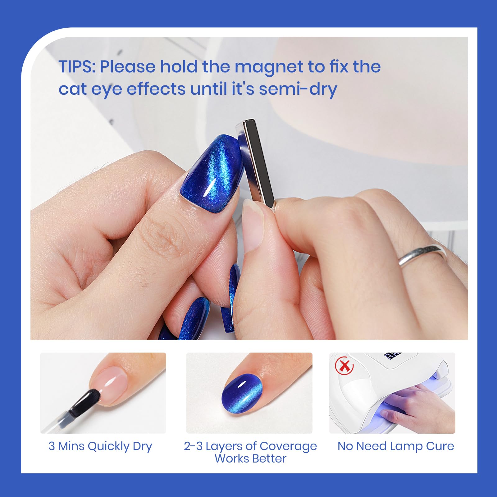 Vernis SUPWEE cat-eye bleu, 2-3 couches pour intensité optimale.
