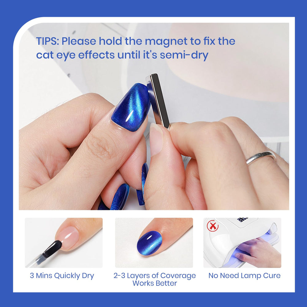 Vernis SUPWEE cat-eye bleu, 2-3 couches pour intensité optimale.