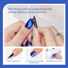 Vernis SUPWEE cat-eye bleu, 2-3 couches pour intensité optimale.