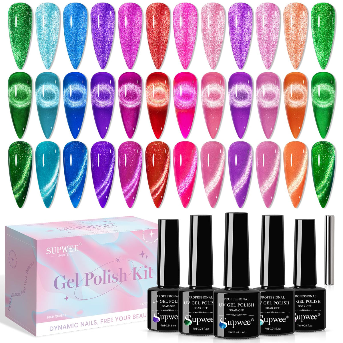 SUPWEE vernis néon oeil-de-chat, bouteille colorée pour effets lumineux.