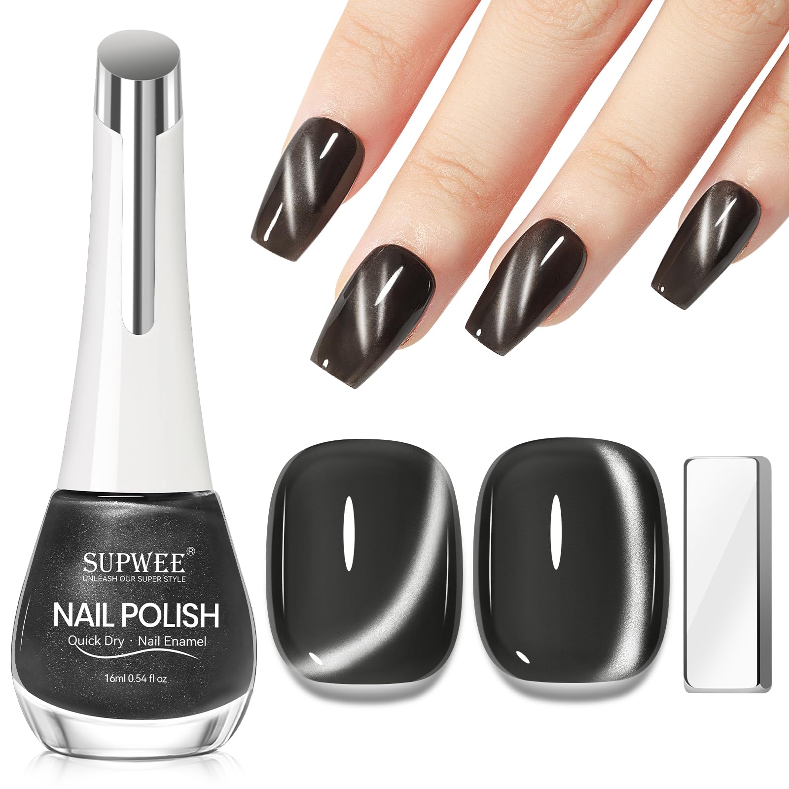 Vernis SUPWEE noir avec effet œil de chat, bouteille 16 ml.