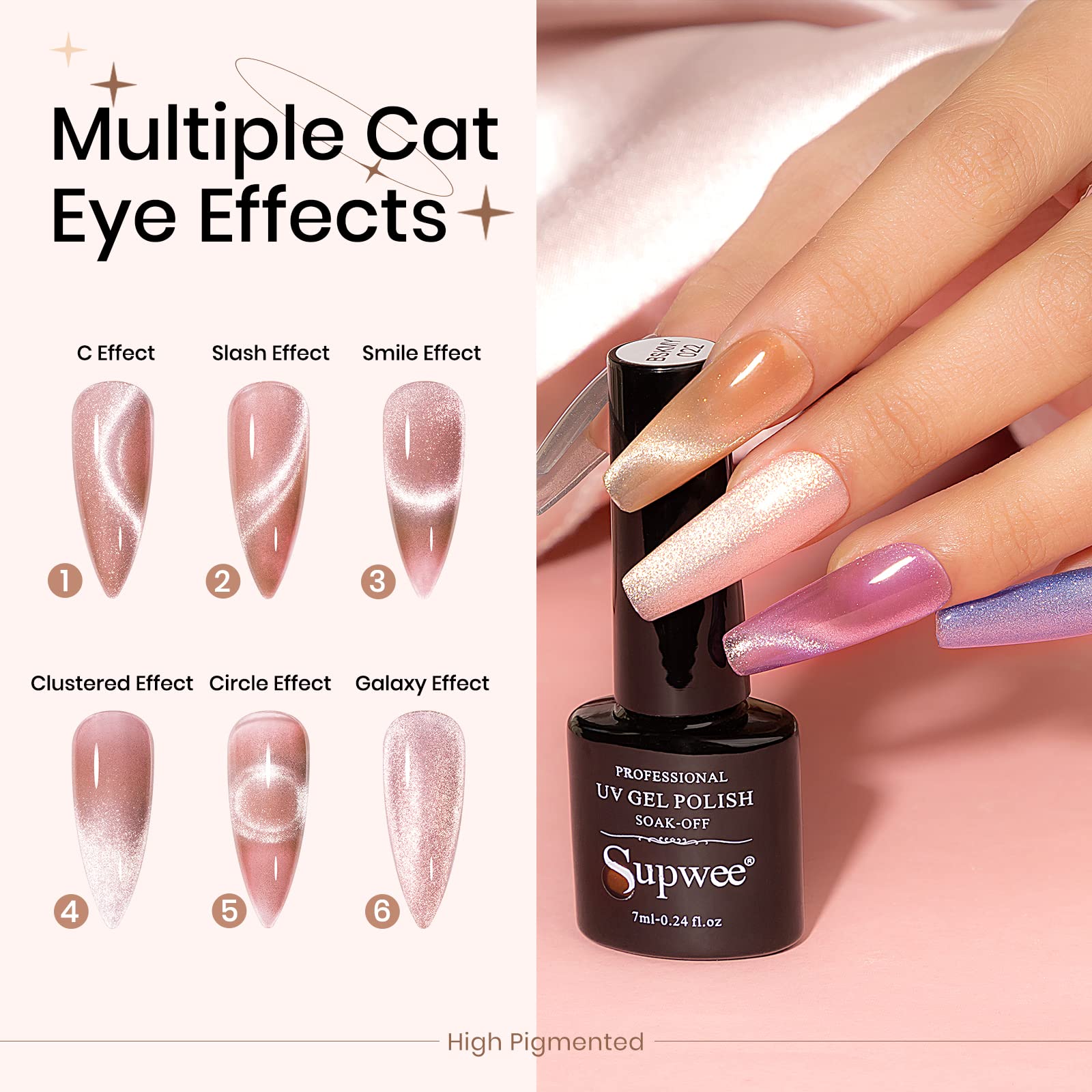SUPWEE vernis gel œil de chat violet holographique — reflets fascinants sous lumière