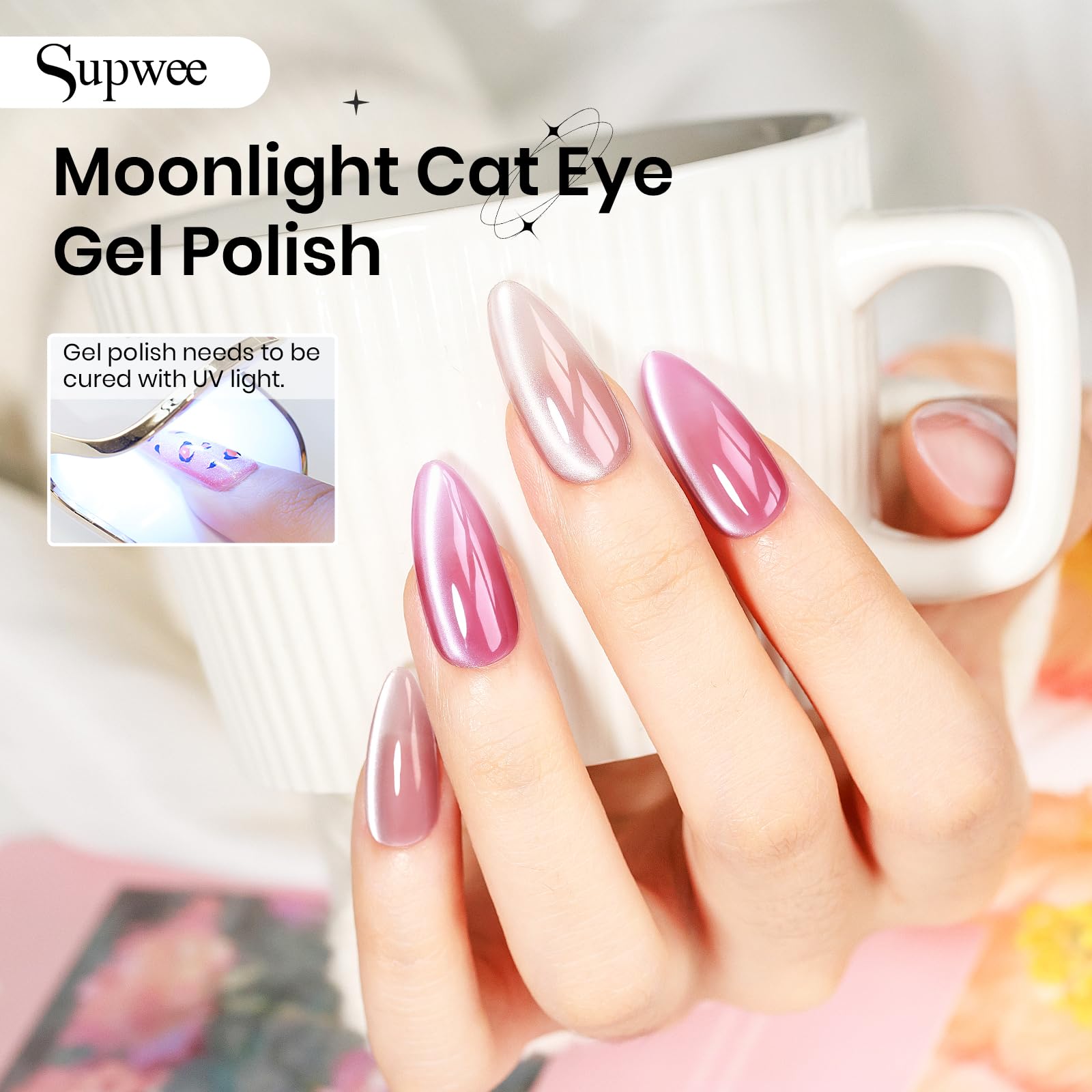 Application du gel gris SUPWEE œil de chat Gray Shimmer sur ongle.
